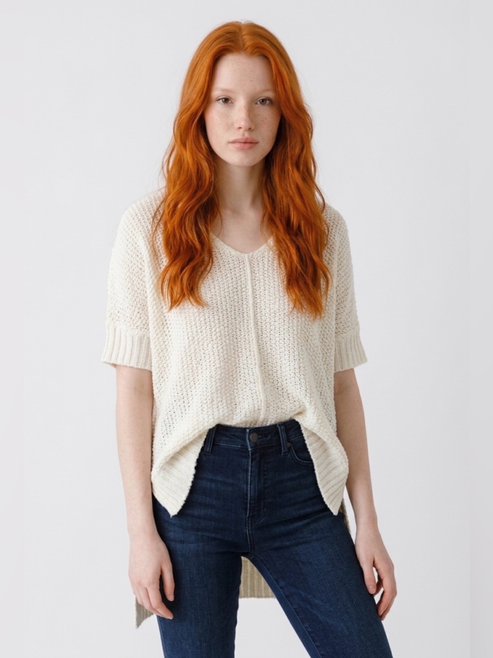 Free People Easy Street Tunic White V-Neck Knit Sweater XS